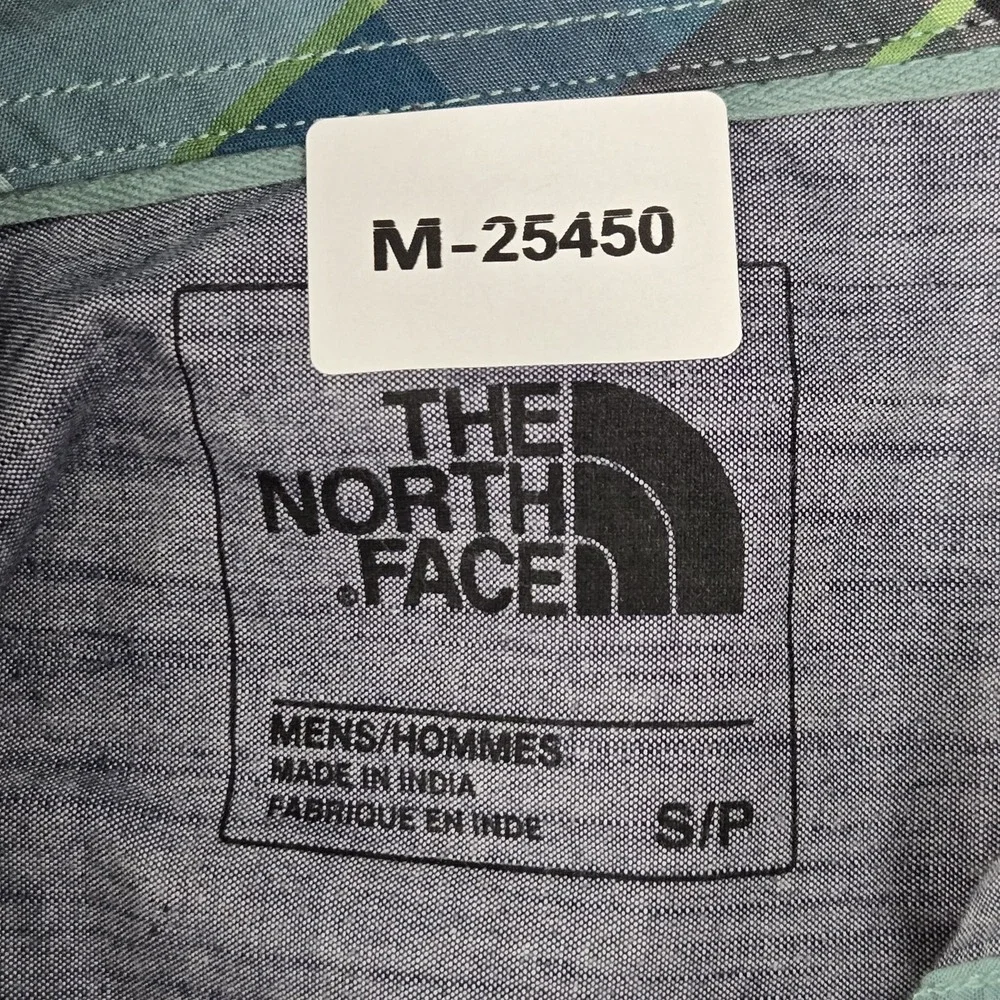 The North Face Men‎ Button Up Shirt S Blue Tartan Plaid Short Sleeve Logo Casual